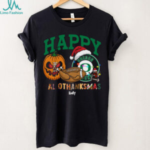Personalized Oregon Ducks HalloThanksMas Tee, Funny Holiday Shirt with Pumpkin Football Santa Hat, NCAA Fan Gift for Halloween Thanksgiving Christmas