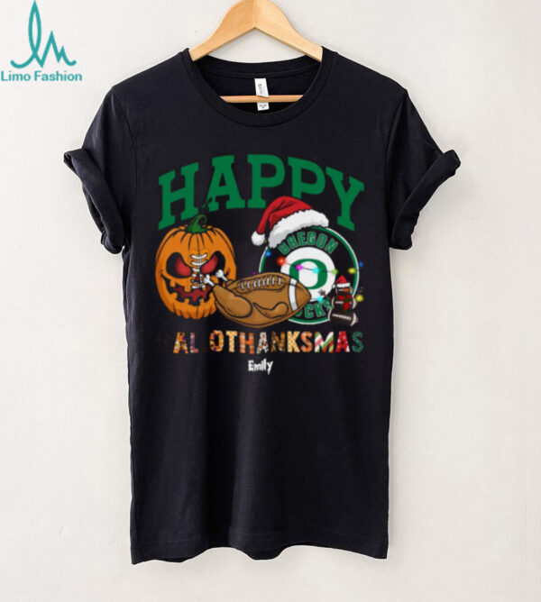 Personalized Oregon Ducks HalloThanksMas Tee, Funny Holiday Shirt with Pumpkin Football Santa Hat, NCAA Fan Gift for Halloween Thanksgiving Christmas