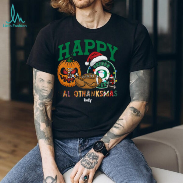 Personalized Oregon Ducks HalloThanksMas Tee, Funny Holiday Shirt with Pumpkin Football Santa Hat, NCAA Fan Gift for Halloween Thanksgiving Christmas
