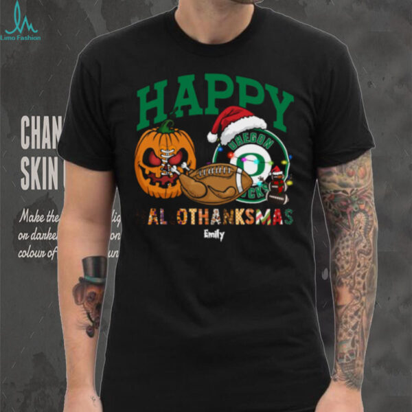 Personalized Oregon Ducks HalloThanksMas Tee, Funny Holiday Shirt with Pumpkin Football Santa Hat, NCAA Fan Gift for Halloween Thanksgiving Christmas