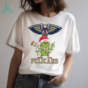 Personalized Pelicans Grinch Christmas Tee, Holiday Shirt with Santa Hat Lights Scarf, Funny NBA Basketball Fan Gift Idea