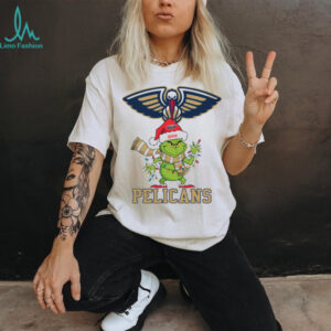 Personalized Pelicans Grinch Christmas Tee, Holiday Shirt with Santa Hat Lights Scarf, Funny NBA Basketball Fan Gift Idea