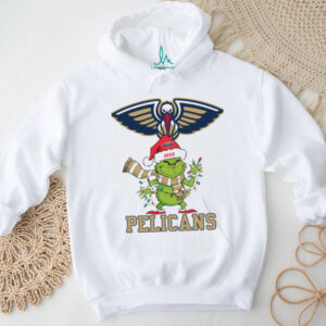 Personalized Pelicans Grinch Christmas Tee, Holiday Shirt with Santa Hat Lights Scarf, Funny NBA Basketball Fan Gift Idea