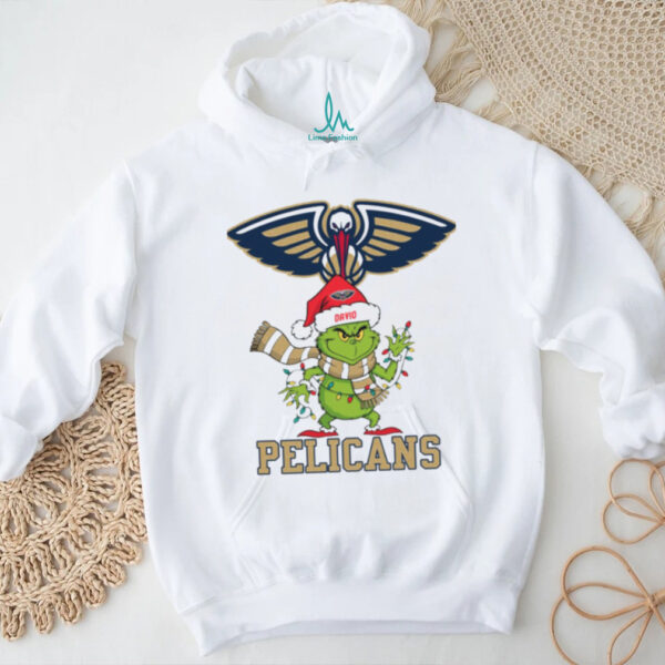 Personalized Pelicans Grinch Christmas Tee, Holiday Shirt with Santa Hat Lights Scarf, Funny NBA Basketball Fan Gift Idea