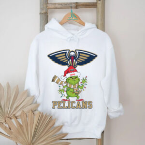 Personalized Pelicans Grinch Christmas Tee, Holiday Shirt with Santa Hat Lights Scarf, Funny NBA Basketball Fan Gift Idea