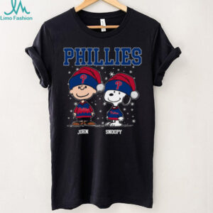 Personalized Philadelphia Phillies Christmas Shirt, Snoopy Charlie Brown Holiday Baseball Tee with Santa Hat, Funny MLB Gift
