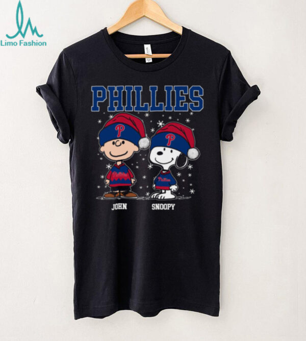 Personalized Philadelphia Phillies Christmas Shirt, Snoopy Charlie Brown Holiday Baseball Tee with Santa Hat, Funny MLB Gift