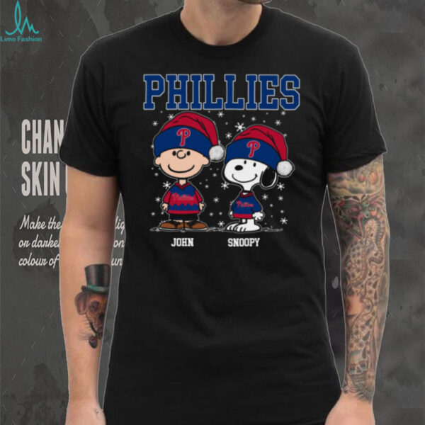 Personalized Philadelphia Phillies Christmas Shirt, Snoopy Charlie Brown Holiday Baseball Tee with Santa Hat, Funny MLB Gift