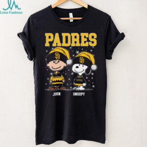 Personalized San Diego Padres Christmas Tee, Snoopy Charlie Brown Holiday Baseball Shirt with Santa Hat, Funny MLB Fan Gift Idea