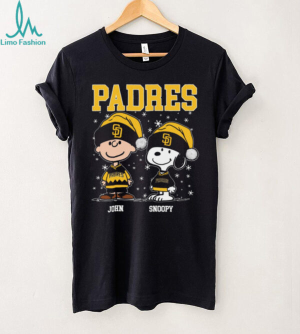 Personalized San Diego Padres Christmas Tee, Snoopy Charlie Brown Holiday Baseball Shirt with Santa Hat, Funny MLB Fan Gift Idea