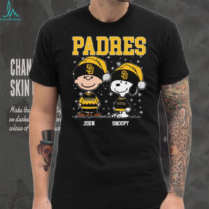 Personalized San Diego Padres Christmas Tee, Snoopy Charlie Brown Holiday Baseball Shirt with Santa Hat, Funny MLB Fan Gift Idea