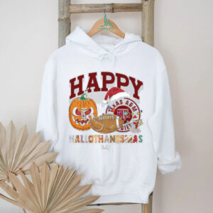 Personalized Texas A&M Aggies HalloThanksMas Tee, Funny Holiday Shirt with Pumpkin Football Santa Hat, NCAA Gift for Halloween Thanksgiving Christmas