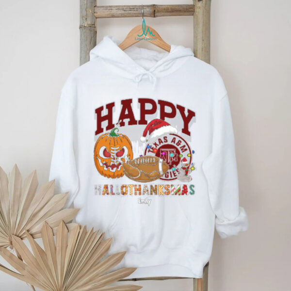 Personalized Texas A&M Aggies HalloThanksMas Tee, Funny Holiday Shirt with Pumpkin Football Santa Hat, NCAA Gift for Halloween Thanksgiving Christmas