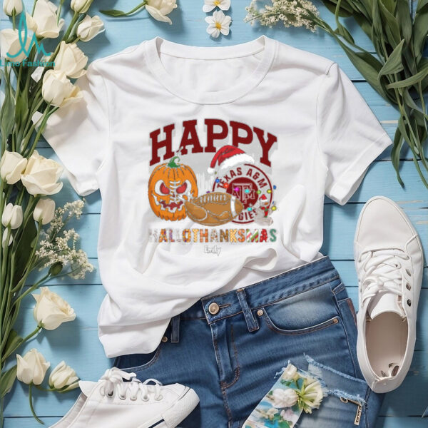 Personalized Texas A&M Aggies HalloThanksMas Tee, Funny Holiday Shirt with Pumpkin Football Santa Hat, NCAA Gift for Halloween Thanksgiving Christmas