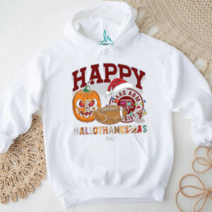 Personalized Texas A&M Aggies HalloThanksMas Tee, Funny Holiday Shirt with Pumpkin Football Santa Hat, NCAA Gift for Halloween Thanksgiving Christmas