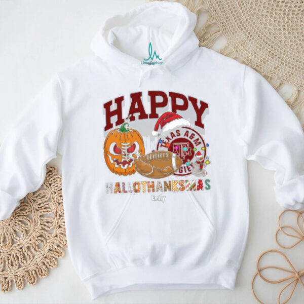Personalized Texas A&M Aggies HalloThanksMas Tee, Funny Holiday Shirt with Pumpkin Football Santa Hat, NCAA Gift for Halloween Thanksgiving Christmas