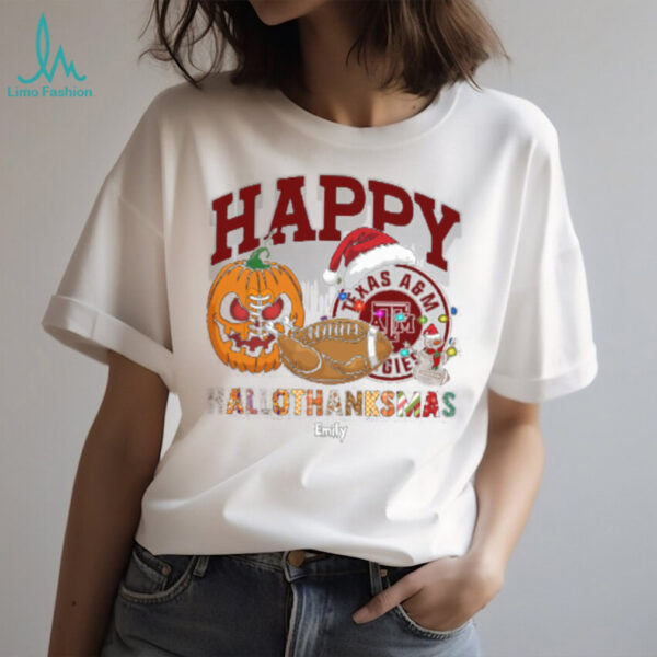 Personalized Texas A&M Aggies HalloThanksMas Tee, Funny Holiday Shirt with Pumpkin Football Santa Hat, NCAA Gift for Halloween Thanksgiving Christmas
