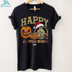 Personalized UCF Knights HalloThanksMas Tee, Funny Holiday Shirt with Pumpkin Football Santa Hat, NCAA Gift for Halloween Thanksgiving Christmas
