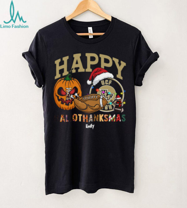 Personalized UCF Knights HalloThanksMas Tee, Funny Holiday Shirt with Pumpkin Football Santa Hat, NCAA Gift for Halloween Thanksgiving Christmas