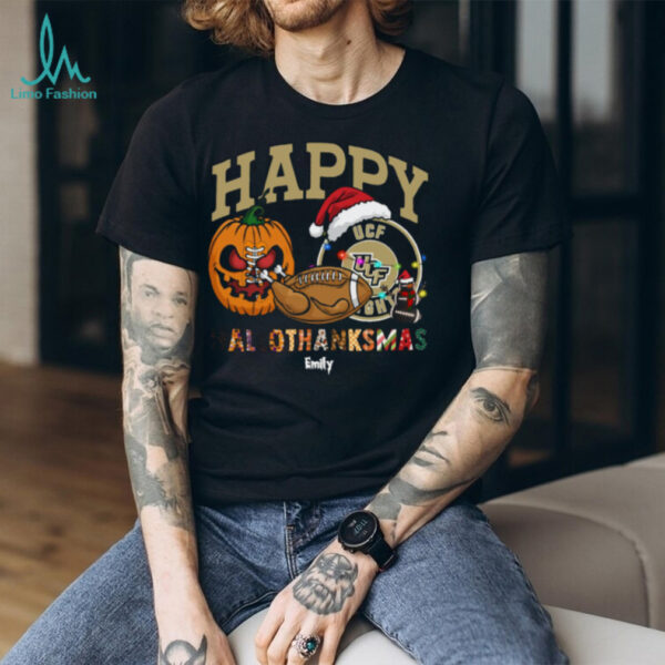 Personalized UCF Knights HalloThanksMas Tee, Funny Holiday Shirt with Pumpkin Football Santa Hat, NCAA Gift for Halloween Thanksgiving Christmas