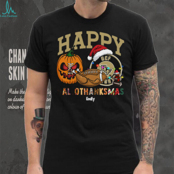 Personalized UCF Knights HalloThanksMas Tee, Funny Holiday Shirt with Pumpkin Football Santa Hat, NCAA Gift for Halloween Thanksgiving Christmas