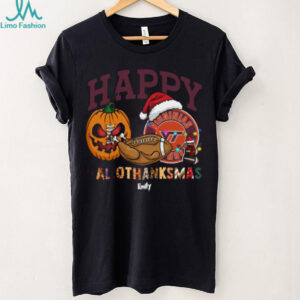 Personalized Virginia Tech Hokies HalloThanksMas Tee, Funny Holiday Shirt with Pumpkin Football Santa Hat, NCAA Gift for Halloween Thanksgiving Christmas