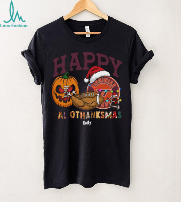 Personalized Virginia Tech Hokies HalloThanksMas Tee, Funny Holiday Shirt with Pumpkin Football Santa Hat, NCAA Gift for Halloween Thanksgiving Christmas