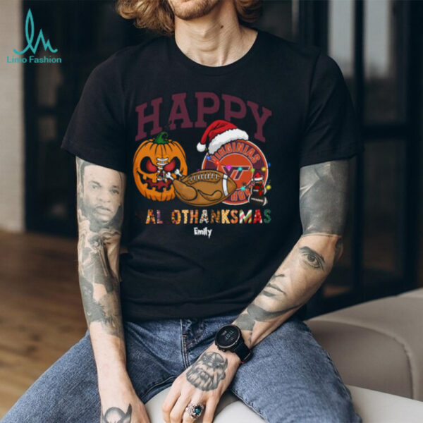 Personalized Virginia Tech Hokies HalloThanksMas Tee, Funny Holiday Shirt with Pumpkin Football Santa Hat, NCAA Gift for Halloween Thanksgiving Christmas