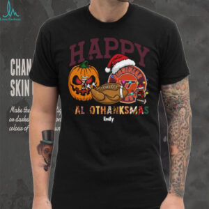 Personalized Virginia Tech Hokies HalloThanksMas Tee, Funny Holiday Shirt with Pumpkin Football Santa Hat, NCAA Gift for Halloween Thanksgiving Christmas