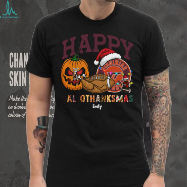 Personalized Virginia Tech Hokies HalloThanksMas Tee, Funny Holiday Shirt with Pumpkin Football Santa Hat, NCAA Gift for Halloween Thanksgiving Christmas