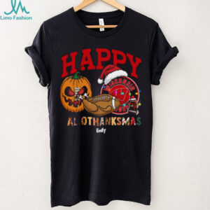 Personalized Wisconsin Badgers HalloThanksMas Tee, Funny Holiday Shirt with Pumpkin Football Santa Hat, NCAA Gift for Halloween Thanksgiving Christmas
