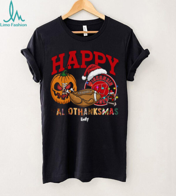 Personalized Wisconsin Badgers HalloThanksMas Tee, Funny Holiday Shirt with Pumpkin Football Santa Hat, NCAA Gift for Halloween Thanksgiving Christmas