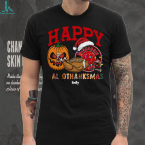 Personalized Wisconsin Badgers HalloThanksMas Tee, Funny Holiday Shirt with Pumpkin Football Santa Hat, NCAA Gift for Halloween Thanksgiving Christmas