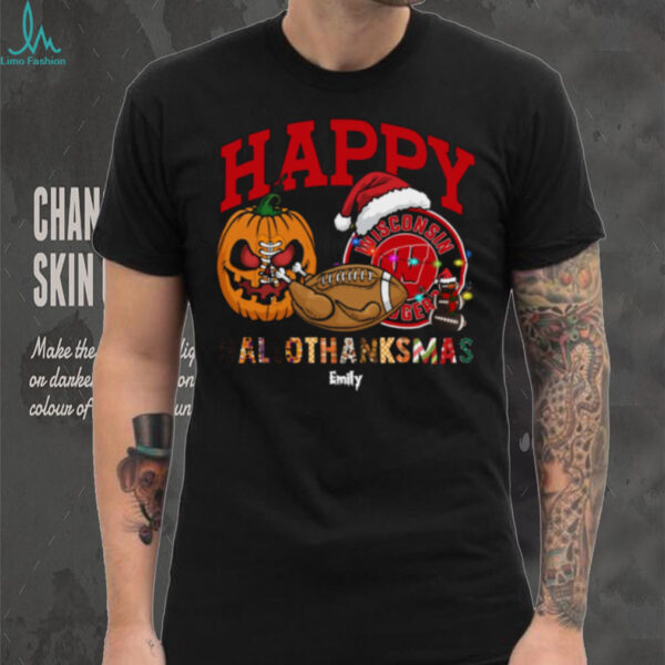 Personalized Wisconsin Badgers HalloThanksMas Tee, Funny Holiday Shirt with Pumpkin Football Santa Hat, NCAA Gift for Halloween Thanksgiving Christmas