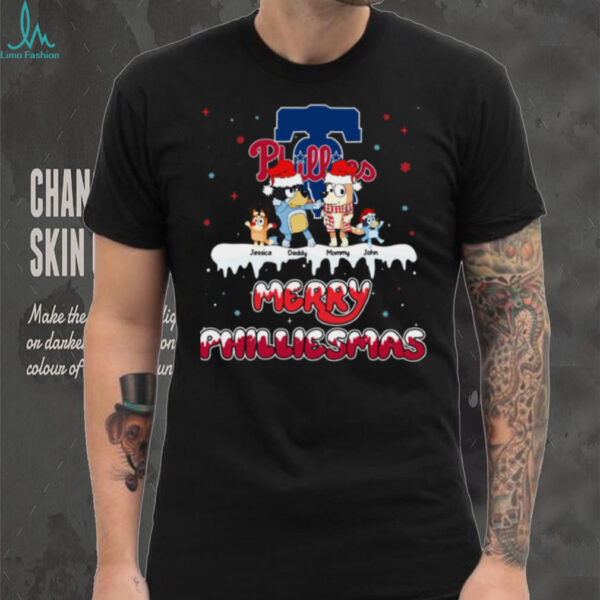 Philadelphia Phillies Bluey Family Christmas Tee – MLB Fan Shirt – Personalized Custom Name Holiday Gift for Sports Lovers
