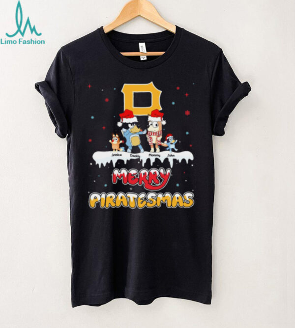 Pittsburgh Pirates Bluey Family Christmas Tee – Personalized MLB Fan Shirt – Holiday Baseball Gift with Custom Name Option