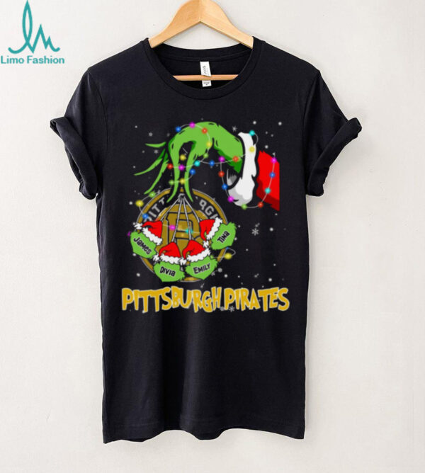 Pittsburgh Pirates Personalized Grinch Xmas Lights Shirt – Custom Name MLB Fan Holiday Baseball Tee
