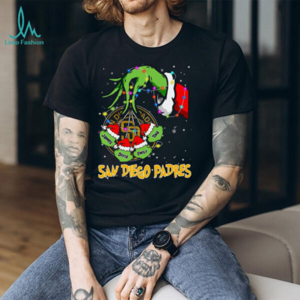 San Diego Padres Custom Name Grinch Holiday Lights Shirt – Personalized MLB Baseball Fan Christmas Tee