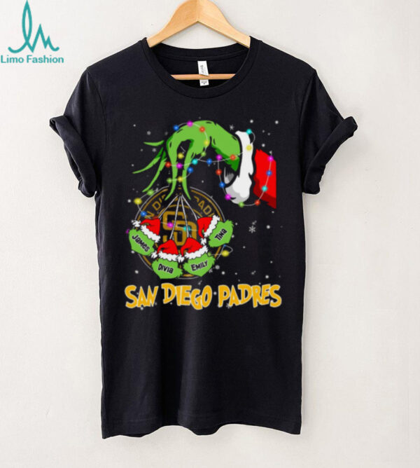 San Diego Padres Custom Name Grinch Holiday Lights Shirt – Personalized MLB Baseball Fan Christmas Tee