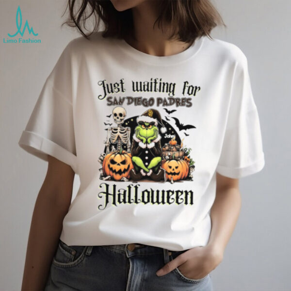 San Diego Padres Just Waiting for Halloween Tee – Custom Name MLB Fan Shirt – Personalized Grinch Spooky Baseball Gift