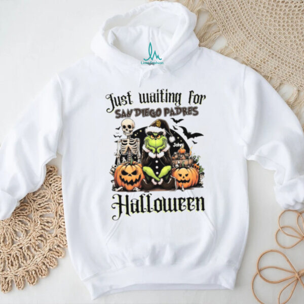 San Diego Padres Just Waiting for Halloween Tee – Custom Name MLB Fan Shirt – Personalized Grinch Spooky Baseball Gift