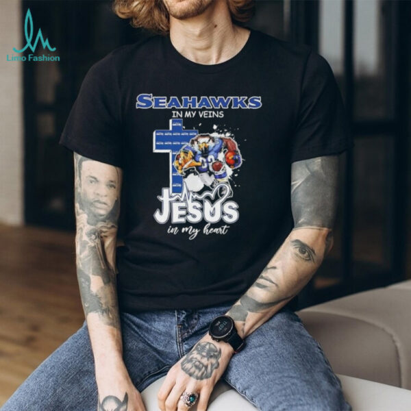 Seattle Seahawks in my veins Jesus in my heart cross mascot shirt