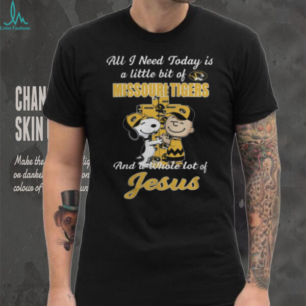 Snoopy And Charlie Brown Hug Cross All I Need Today Is A Little Bit Of Missouri Tigers And A Whole Lot Of Jesus T Shirt