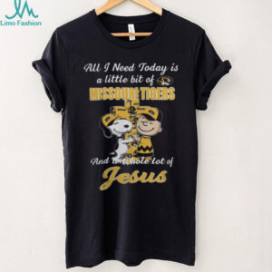 Snoopy And Charlie Brown Hug Cross All I Need Today Is A Little Bit Of Missouri Tigers And A Whole Lot Of Jesus T Shirt