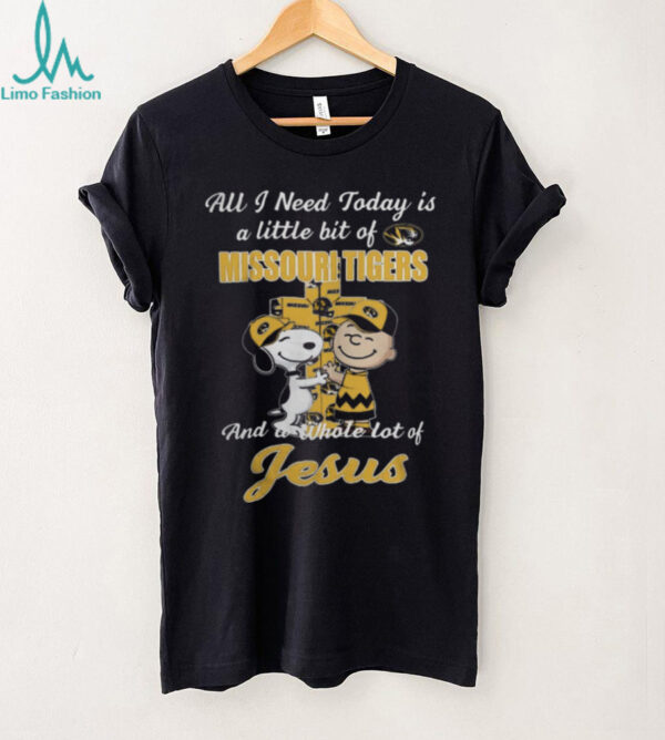 Snoopy And Charlie Brown Hug Cross All I Need Today Is A Little Bit Of Missouri Tigers And A Whole Lot Of Jesus T Shirt