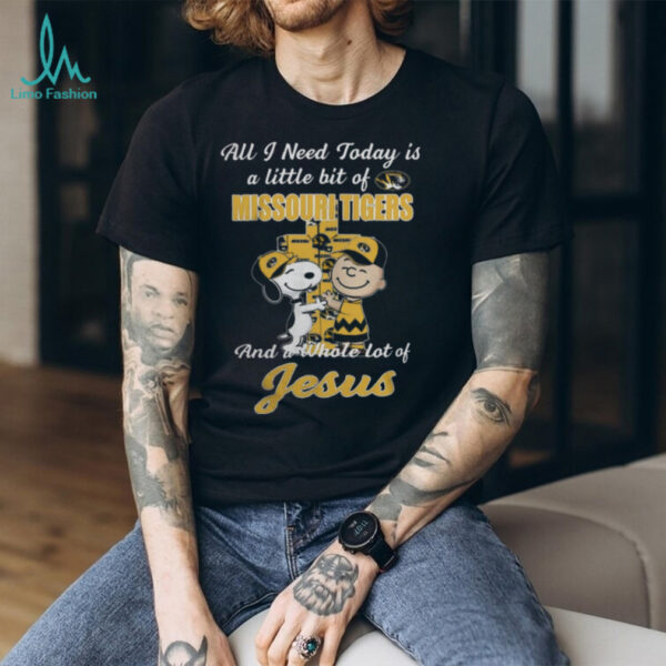 Snoopy And Charlie Brown Hug Cross All I Need Today Is A Little Bit Of Missouri Tigers And A Whole Lot Of Jesus T Shirt