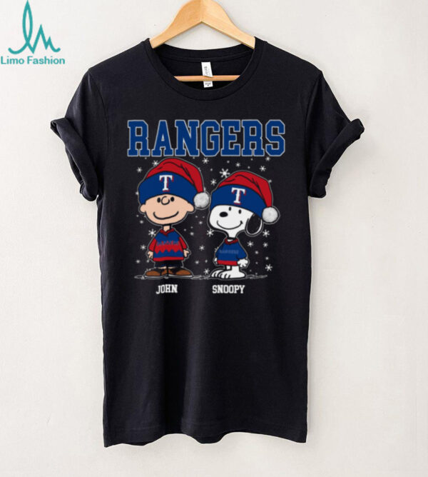Snoopy Charlie Brown Christmas Baseball Tee, Personalized Texas Rangers Holiday Shirt with Santa Hat, Funny MLB Fan Gift