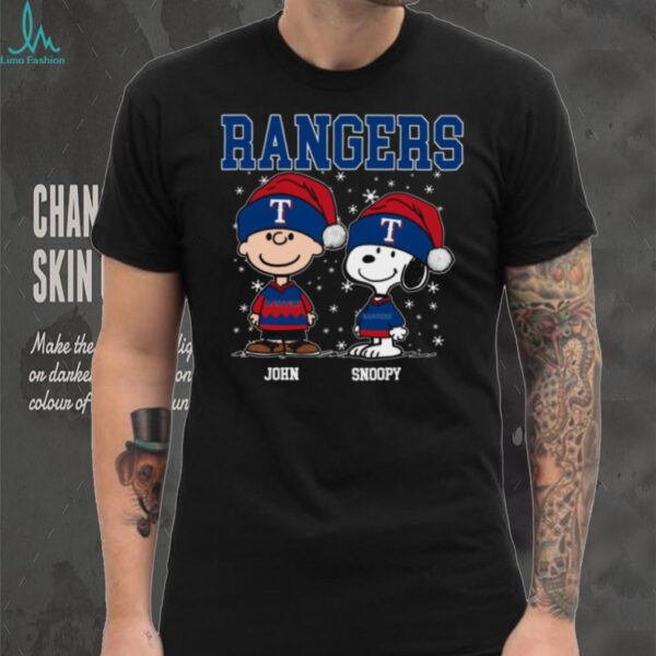 Snoopy Charlie Brown Christmas Baseball Tee, Personalized Texas Rangers Holiday Shirt with Santa Hat, Funny MLB Fan Gift