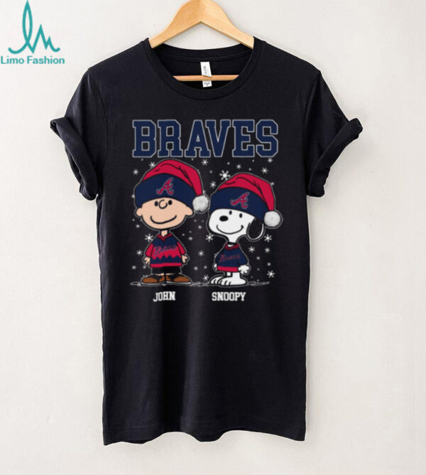 Snoopy Charlie Brown Holiday Baseball Tee, Personalized Atlanta Braves Christmas Shirt with Santa Hat, Funny MLB Fan Gift