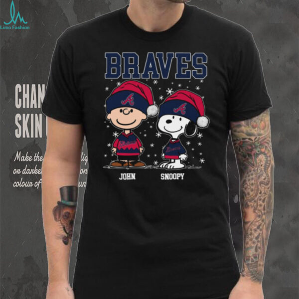 Snoopy Charlie Brown Holiday Baseball Tee, Personalized Atlanta Braves Christmas Shirt with Santa Hat, Funny MLB Fan Gift